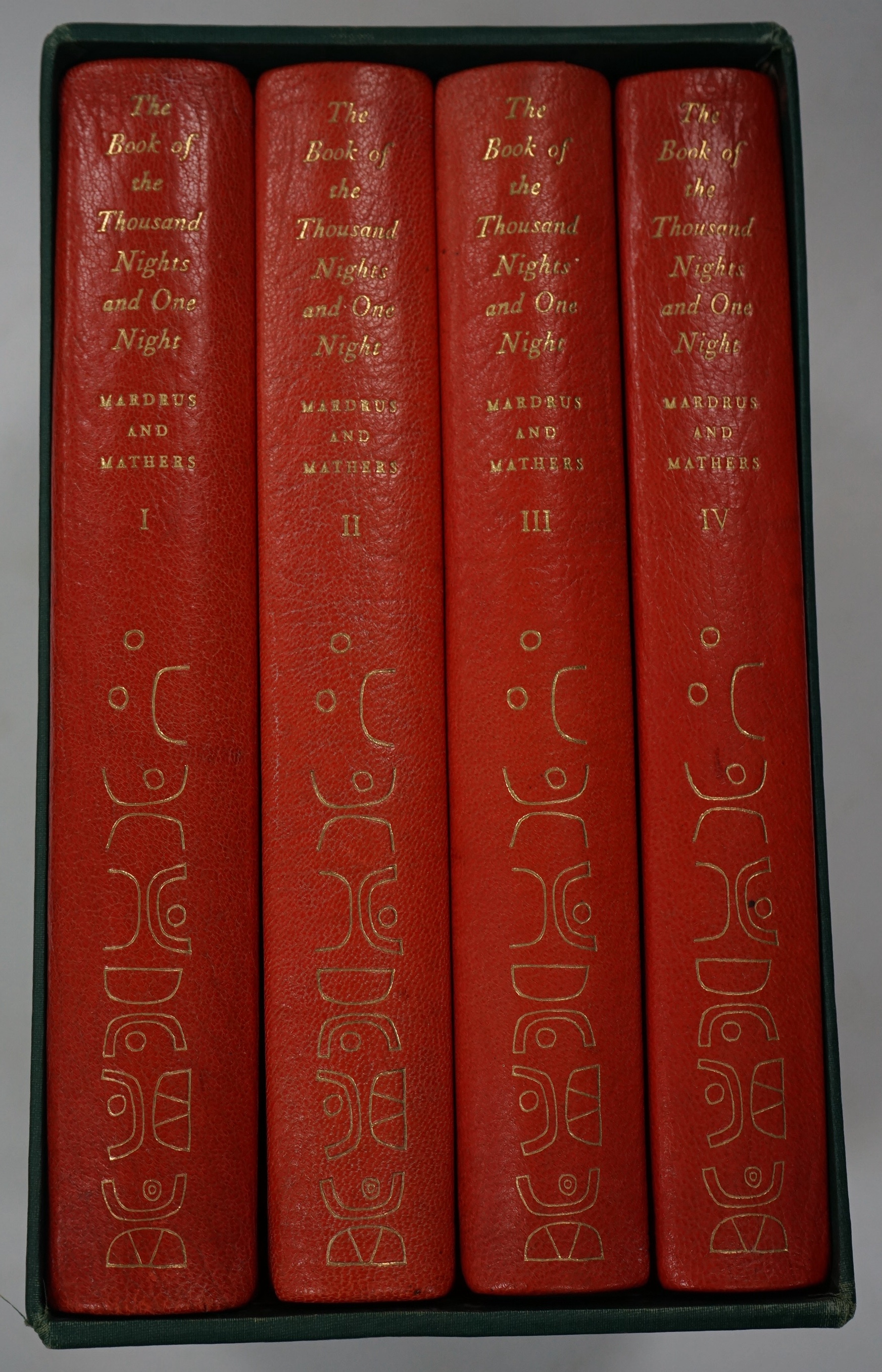 Folio Society - The Book of the Thousand Nights and One Night, rendered into English from the literal and complete French translation of Dr J. C. Mardrus by Powys Matheurs, 4 vols, 3rd impression , each with 13 illustrat